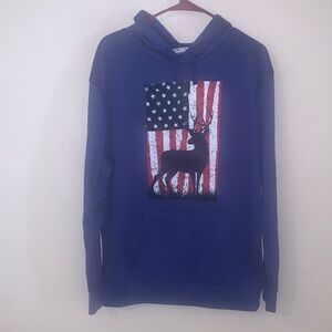 716 Hunting Blue Hoodie with American Flag and Deer Design New